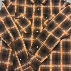True Religion Brown and Orange Plaid Casual Button Down Shirt
